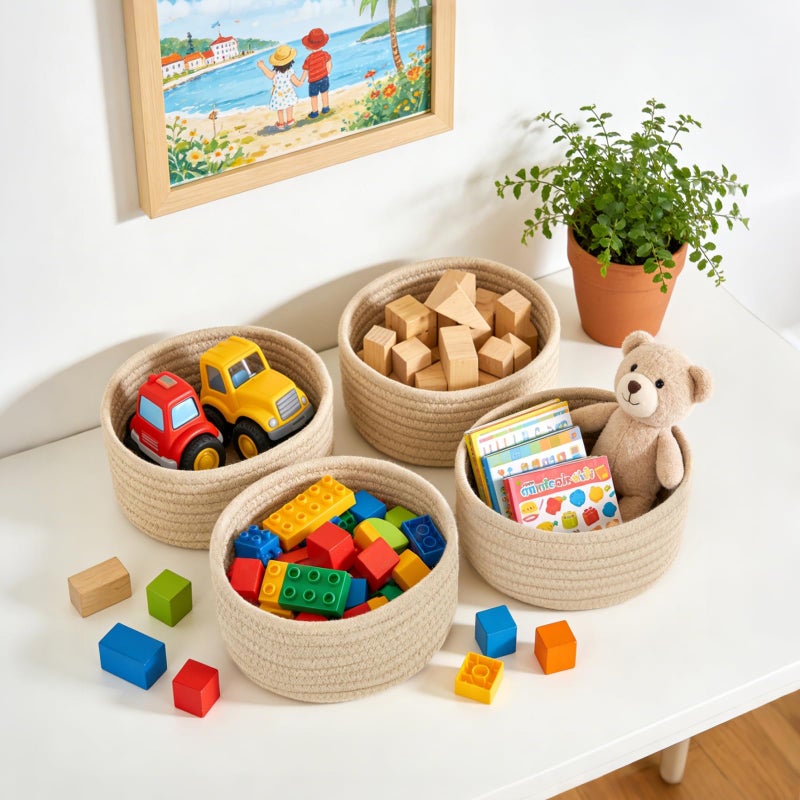 Dahey 4 Pcs Small Woven Baskets Set, Mini Cotton Rope Storage Bins for Organizing, Cute Tiny Round Decorative Baskets for Toys, Nursery Living Room Bathroom Home Decor, Beige - Image 2