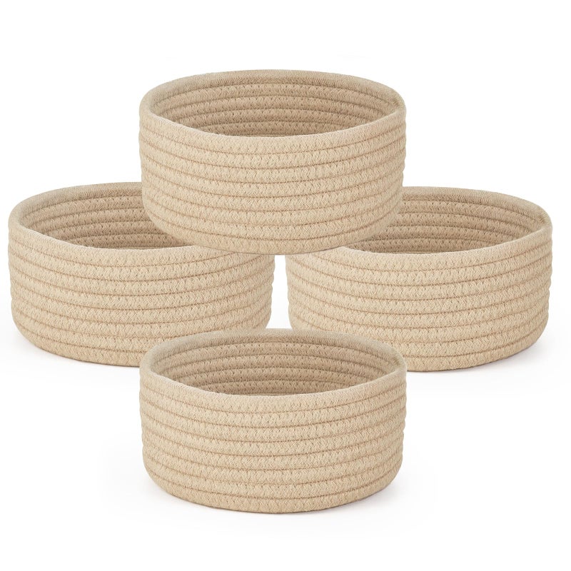 Dahey 4 Pcs Small Woven Baskets Set, Mini Cotton Rope Storage Bins for Organizing, Cute Tiny Round Decorative Baskets for Toys, Nursery Living Room Bathroom Home Decor, Beige - Image 1