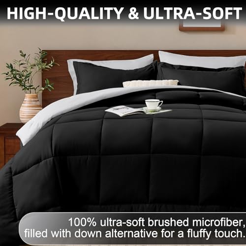 FUANNA Queen Comforter Set 7 Pieces, Reversible Bed in a Bag with All Season Soft Comforter, Bedding Sets Includes Comforter, Flat Sheet, Fitted Sheet, Pillowcases & Shams, Black & Light Grey - Image 3