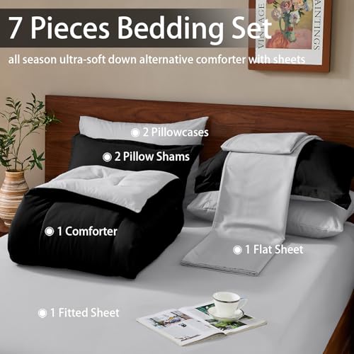 FUANNA Queen Comforter Set 7 Pieces, Reversible Bed in a Bag with All Season Soft Comforter, Bedding Sets Includes Comforter, Flat Sheet, Fitted Sheet, Pillowcases & Shams, Black & Light Grey - Image 5