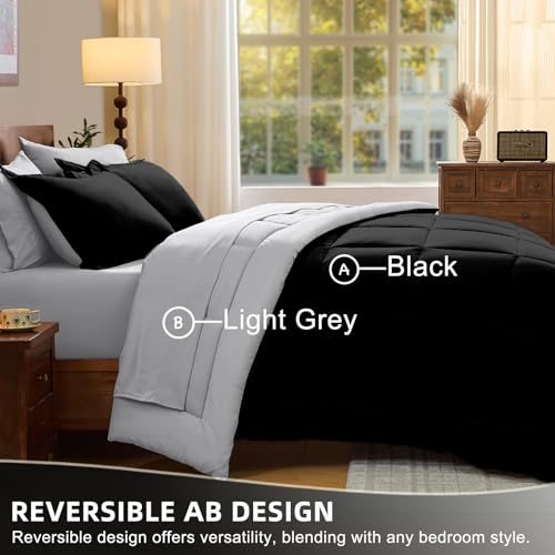 FUANNA Queen Comforter Set 7 Pieces, Reversible Bed in a Bag with All Season Soft Comforter, Bedding Sets Includes Comforter, Flat Sheet, Fitted Sheet, Pillowcases & Shams, Black & Light Grey - Image 4