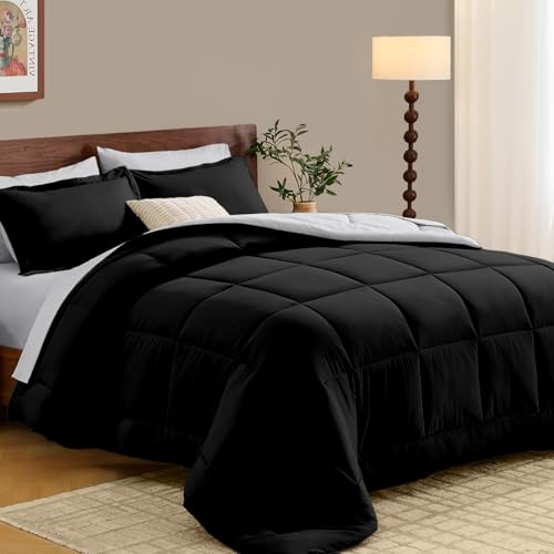 FUANNA Queen Comforter Set 7 Pieces, Reversible Bed in a Bag with All Season Soft Comforter, Bedding Sets Includes Comforter, Flat Sheet, Fitted Sheet, Pillowcases & Shams, Black & Light Grey - Image 1