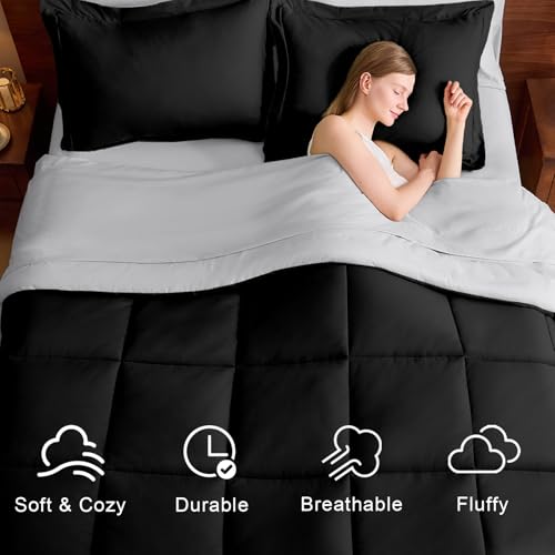 FUANNA Queen Comforter Set 7 Pieces, Reversible Bed in a Bag with All Season Soft Comforter, Bedding Sets Includes Comforter, Flat Sheet, Fitted Sheet, Pillowcases & Shams, Black & Light Grey - Image 2