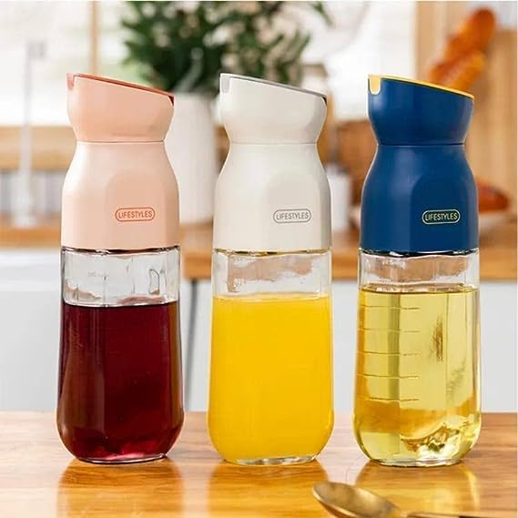 SILENCIO Enterprise Glass Olive Oil Dispenser 500ML Clear Soy Sauce Container Oil Vinegar Bottle with Automatic Lid Opening and Closing Drip Free Spout Olive Oil Dispenser Pack of 1 Round
