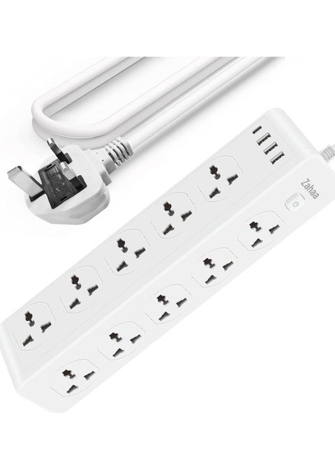 Universal Extension Cord with 10 Plugs, 3 USB Ports and 1 USB C, Surge Protection Power Strip with 1 USB C, Extension Lead with 10 Sockets