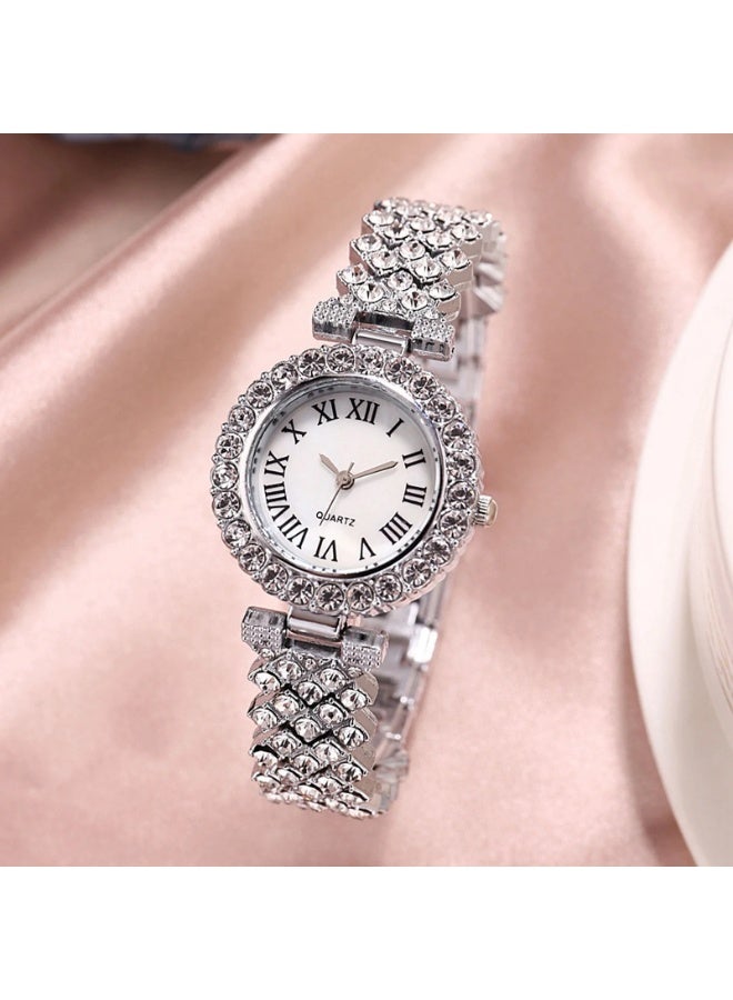 Ladies Wristwatch and Bracelet Luxury Set, Exquisite and Fashionable Casual Women’s Silver Quartz Diamond Watch - Image 4