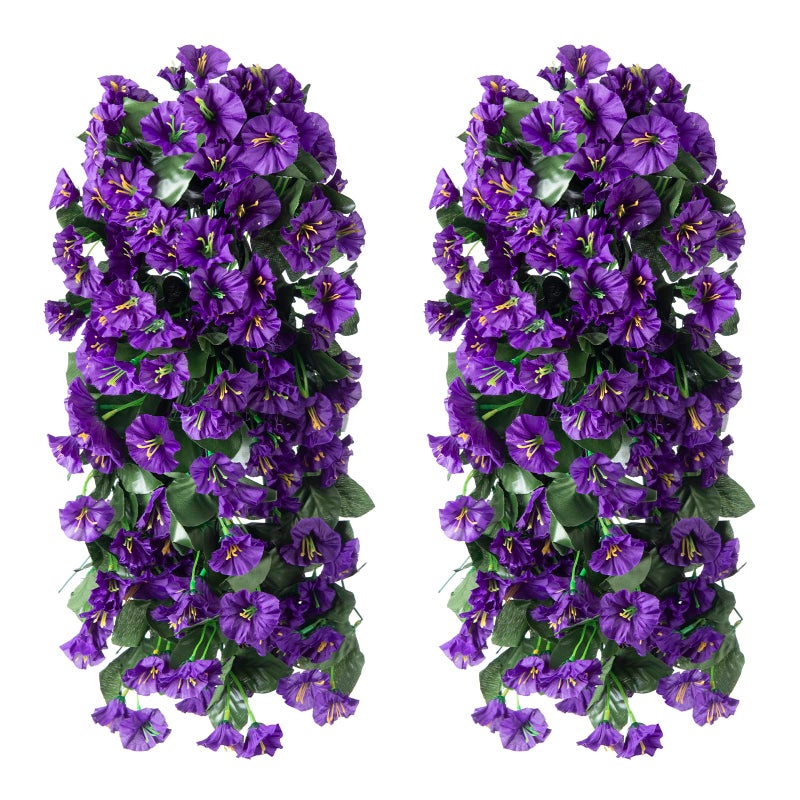florisso Artificial Faux Hanging Plants Flowers for Outdoor Outside Summer Decoration  2 PCS Fake Silk Purple Morning Glory Trailing Vines UV Resistant Realistic for Porch Patio Balcony Planter - Image 3