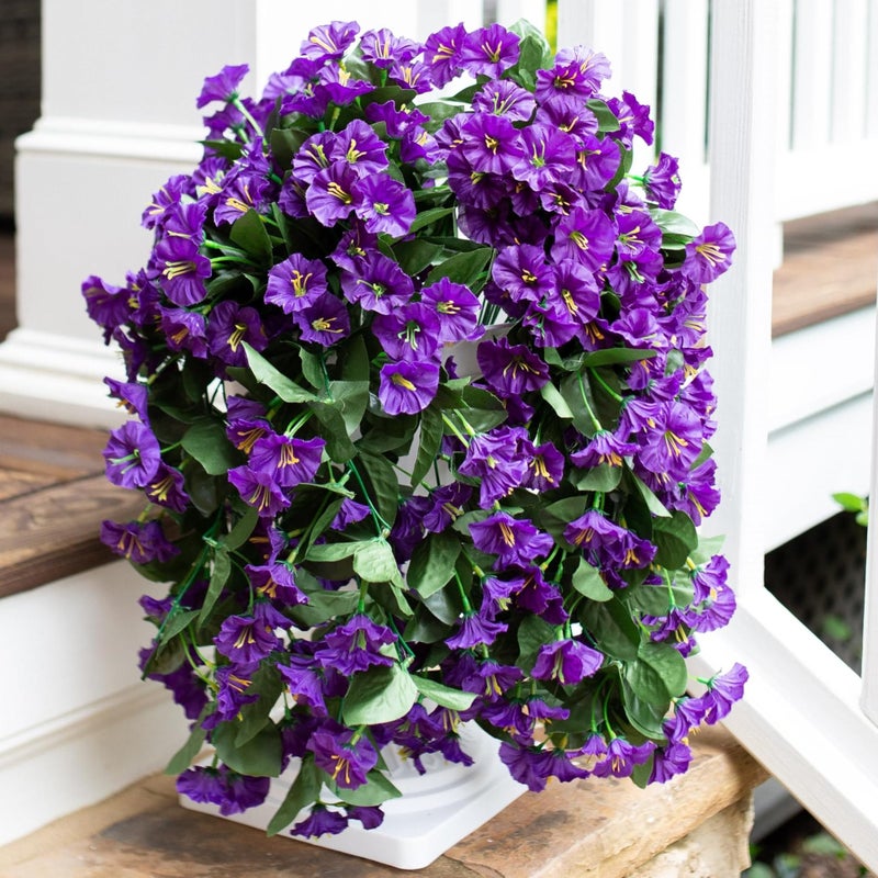 florisso Artificial Faux Hanging Plants Flowers for Outdoor Outside Summer Decoration  2 PCS Fake Silk Purple Morning Glory Trailing Vines UV Resistant Realistic for Porch Patio Balcony Planter - Image 1