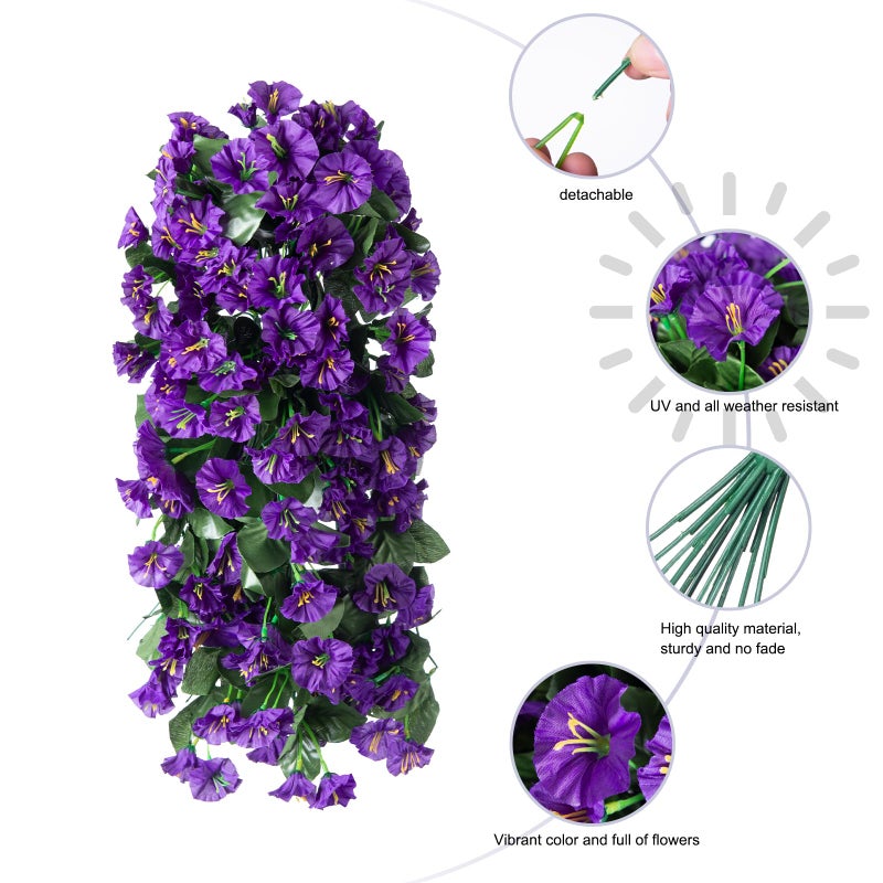 florisso Artificial Faux Hanging Plants Flowers for Outdoor Outside Summer Decoration  2 PCS Fake Silk Purple Morning Glory Trailing Vines UV Resistant Realistic for Porch Patio Balcony Planter - Image 5