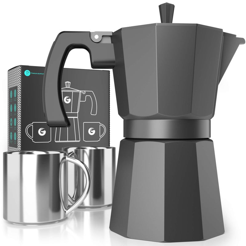 Coffee Gator Moka Pot - 6 Cup, 12 Oz Stovetop Espresso Maker - Classic Italian and Cuban Coffee Percolator w/ 2 Stainless-Steel Cups – Matte Grey Aluminum, 360ml - Image 1