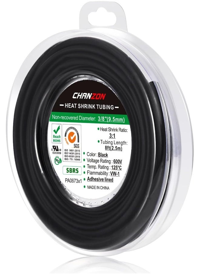 CHANZON Chanzon 3:1 Ratio 3/8" (9.5mm) Heat Shrink Tubing - Marine Grade Waterproof Adhesive Lined - 8Ft Roll (2.5M Total Length) Black Polyolefin Sleeving Wrap Shrinking 3 to 1 Ratio 1pcs  - Image 1
