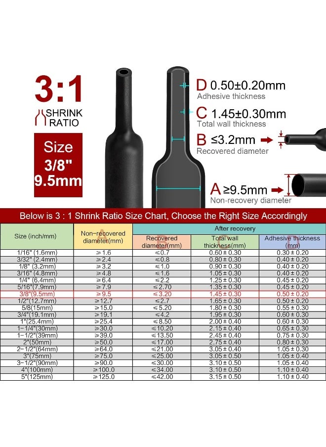 CHANZON Chanzon 3:1 Ratio 3/8" (9.5mm) Heat Shrink Tubing - Marine Grade Waterproof Adhesive Lined - 8Ft Roll (2.5M Total Length) Black Polyolefin Sleeving Wrap Shrinking 3 to 1 Ratio 1pcs  - Image 3