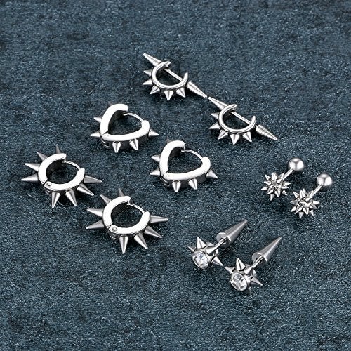 Aroncent 10PCS Spike Earrings Stainless Steel Punk Gothic Earrings for Men Women Hoop Huggies Piercing Earrings Rivet Cone Fake Taper Earrings - Image 2