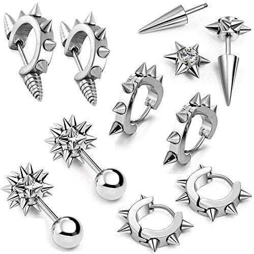 Aroncent 10PCS Spike Earrings Stainless Steel Punk Gothic Earrings for Men Women Hoop Huggies Piercing Earrings Rivet Cone Fake Taper Earrings - Image 1