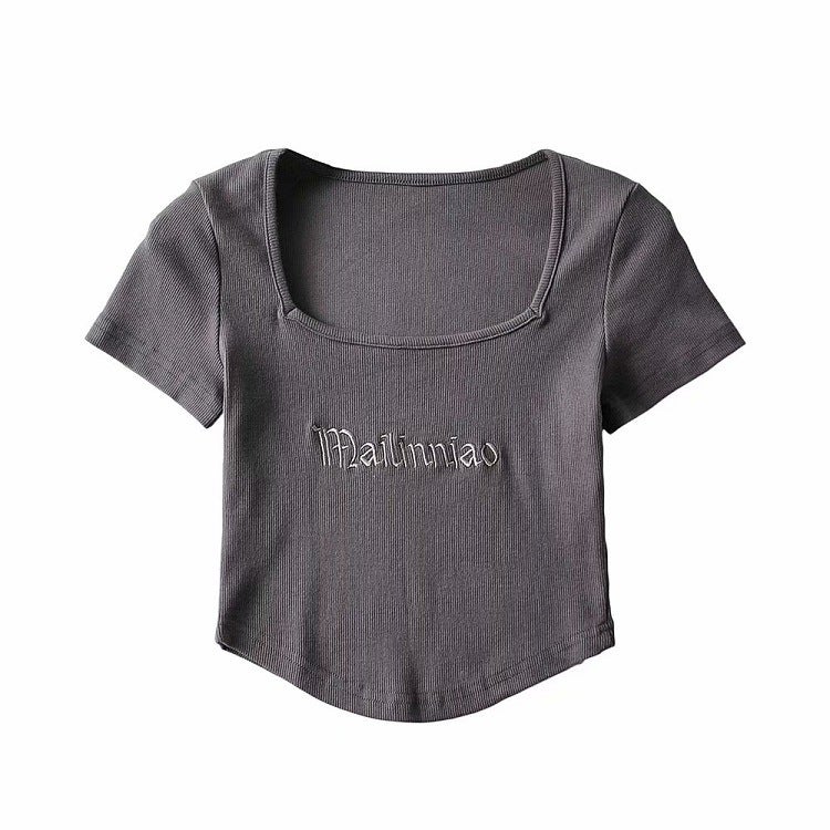 YPFF New Summer Fashion Retro Letter Embroidered Pullover Short Sleeve Square Neck Slim Fit Navel Women's T-shirt - Image 1