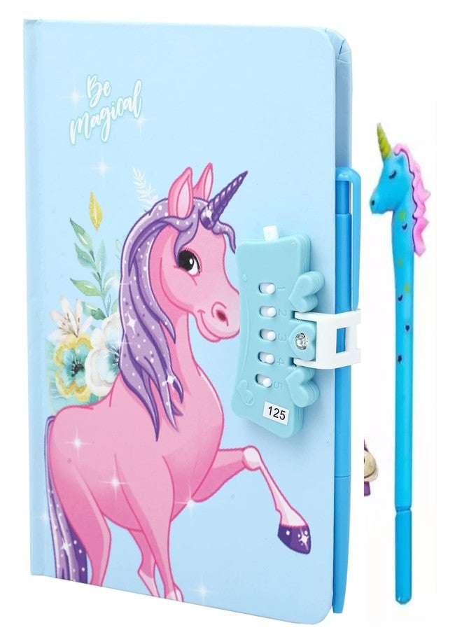 SHREE TECHNESH® Unicorn Designer Secret Password Lock Diary for Girls with Unicorn Gel Pen (20 * 14.5 * 2 cm) (Blue) - Image 1