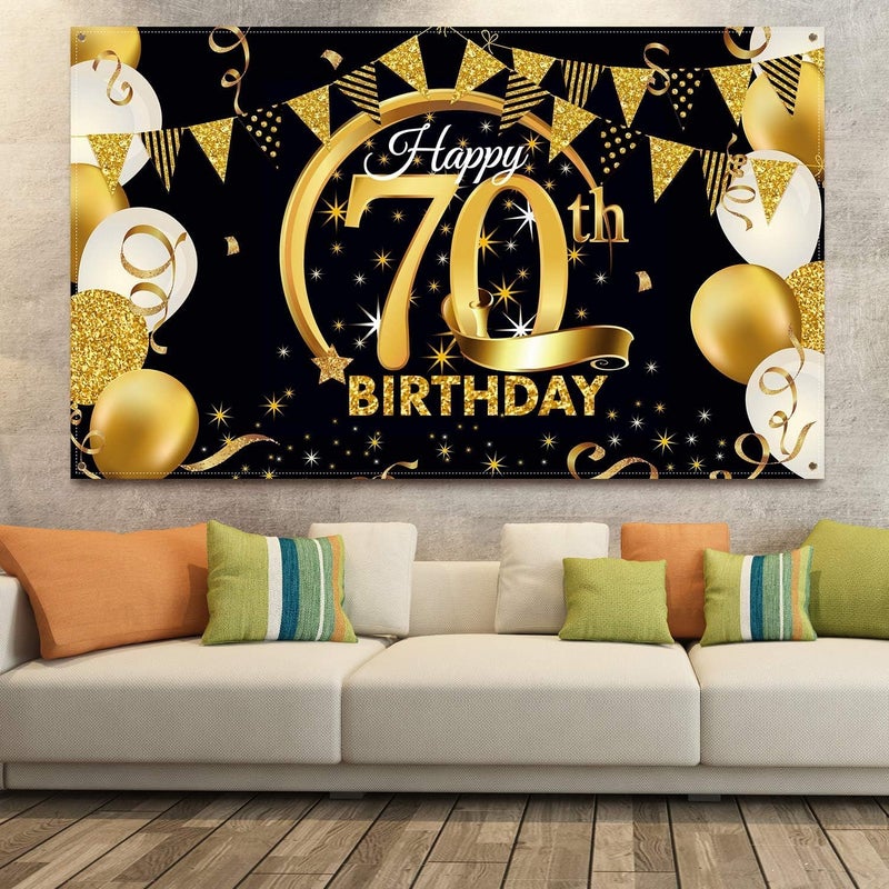 Al Raied ARS® Extra Large Black Gold 70th Birthday Party Decoration Fabric Banner - Image 4
