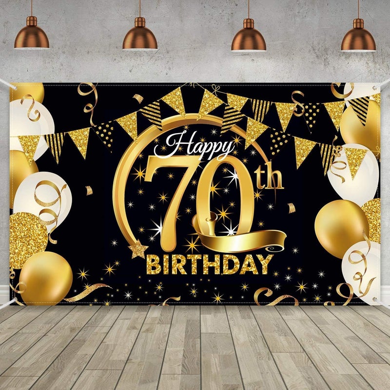 Al Raied ARS® Extra Large Black Gold 70th Birthday Party Decoration Fabric Banner - Image 1