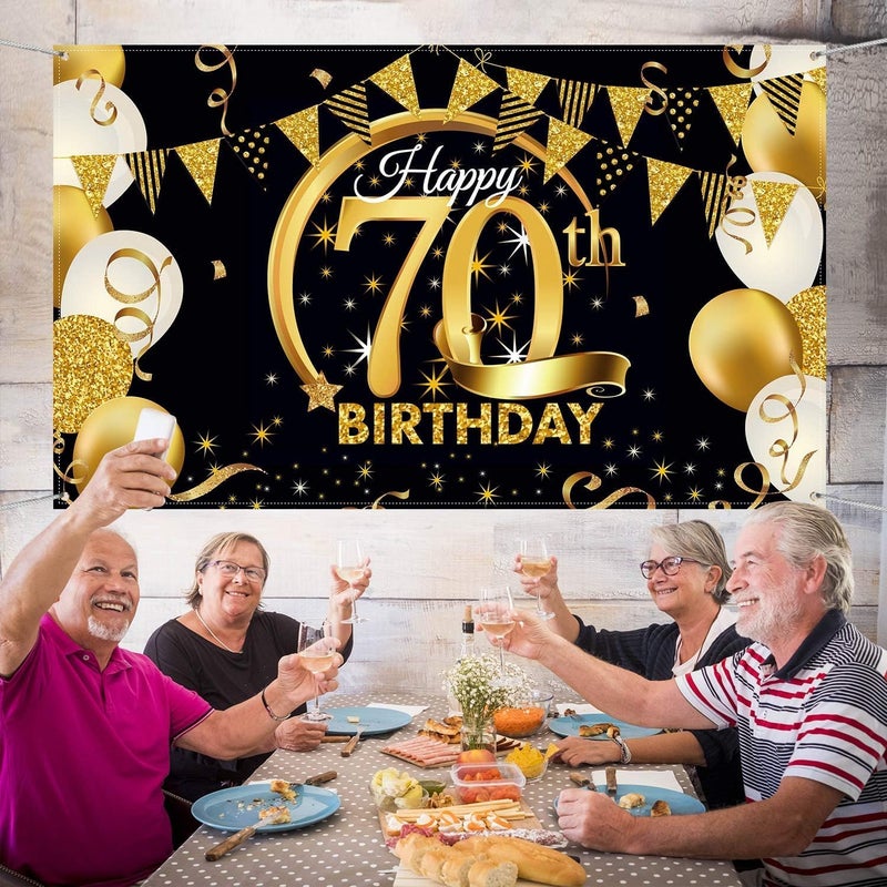 Al Raied ARS® Extra Large Black Gold 70th Birthday Party Decoration Fabric Banner - Image 2