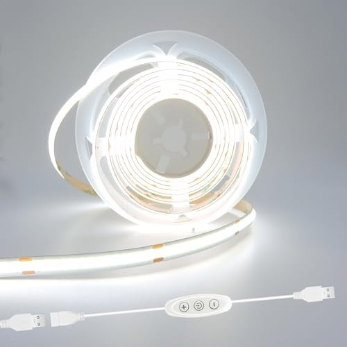 GXILEE 5V COB LED Strip Lights USB Powered Dimmable 6500K White CRI93 6 ft Dotless LED Tape Light with Dimmer Flexible Cuttable COB Strips for Sewing Machine 3D Printer Desk TV DIY Cabinet Lighting - Image 1