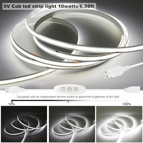 GXILEE 5V COB LED Strip Lights USB Powered Dimmable 6500K White CRI93 6 ft Dotless LED Tape Light with Dimmer Flexible Cuttable COB Strips for Sewing Machine 3D Printer Desk TV DIY Cabinet Lighting - Image 3