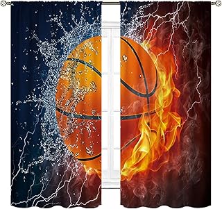 Cinbloo Basketball Curtains Rod Pocket Fire and Water Ball Sports Flame Splashing Thunder Lightning Cool Art Printed - Image 1
