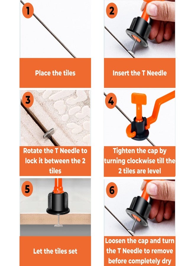 Zaptec Reusable Tile Levelling System Complete Kit For Floor & Wall Tiles (Pack of 50 Pcs T Needle, 50 Pcs Cap & 1 Wrench) (Orange & Black) - Image 3