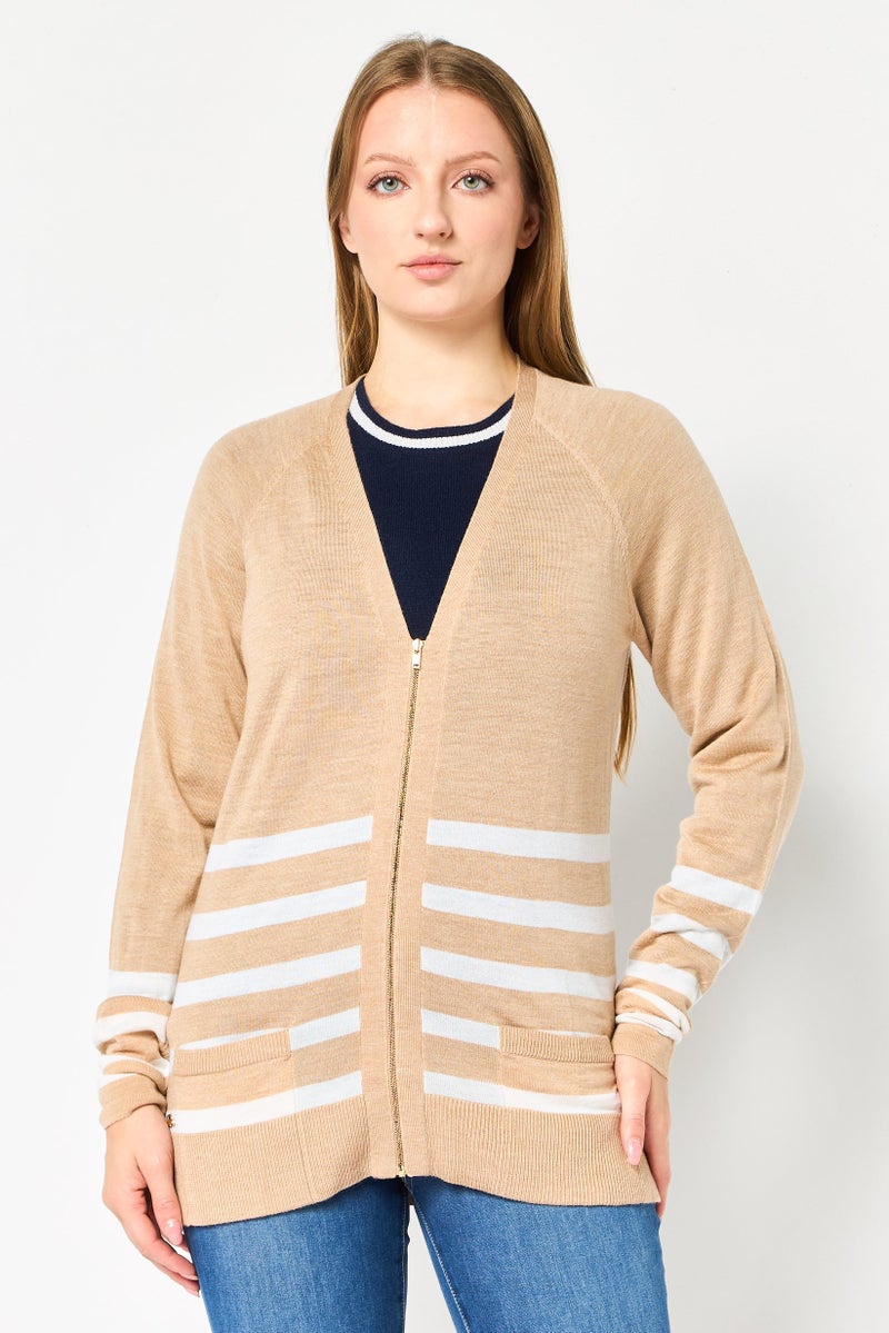 LACOSTE Women V-Neck Stripe Cardigan, Tan - Image 1