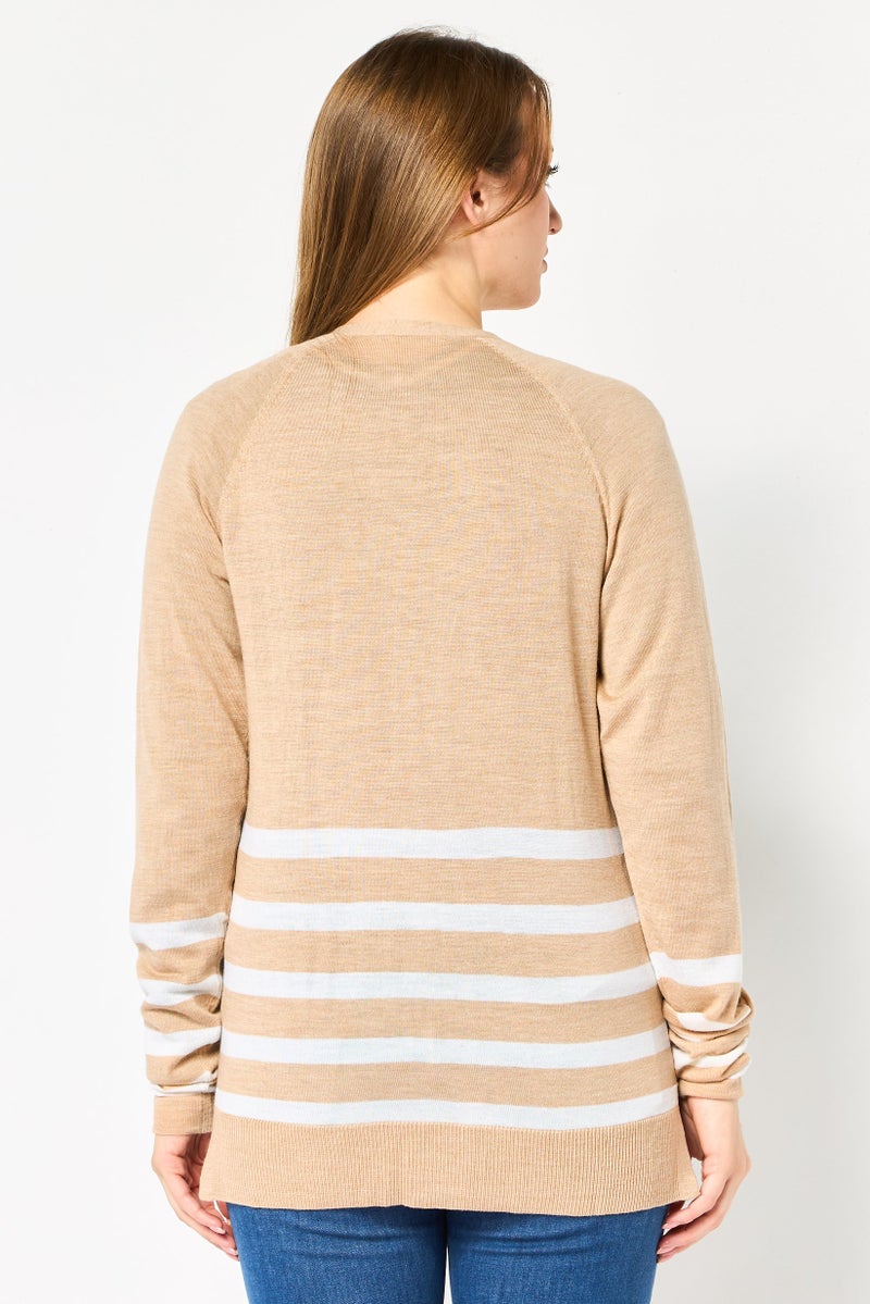 LACOSTE Women V-Neck Stripe Cardigan, Tan - Image 4