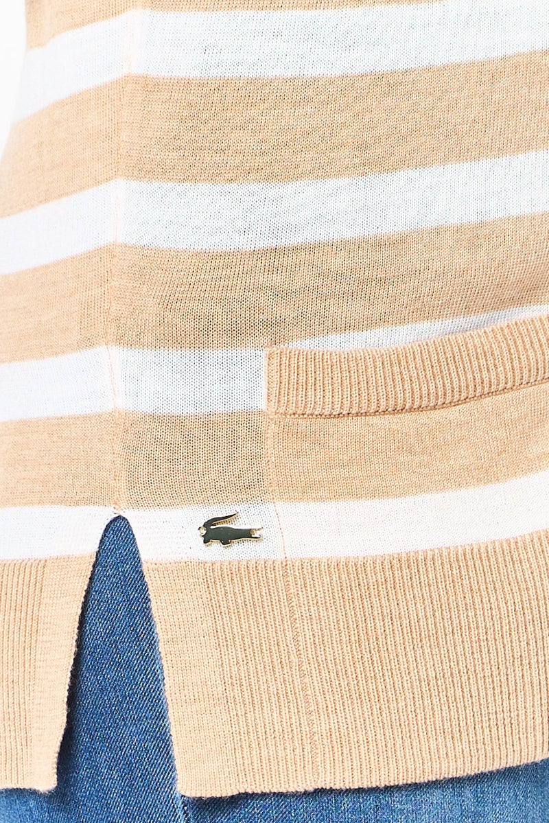 LACOSTE Women V-Neck Stripe Cardigan, Tan - Image 3