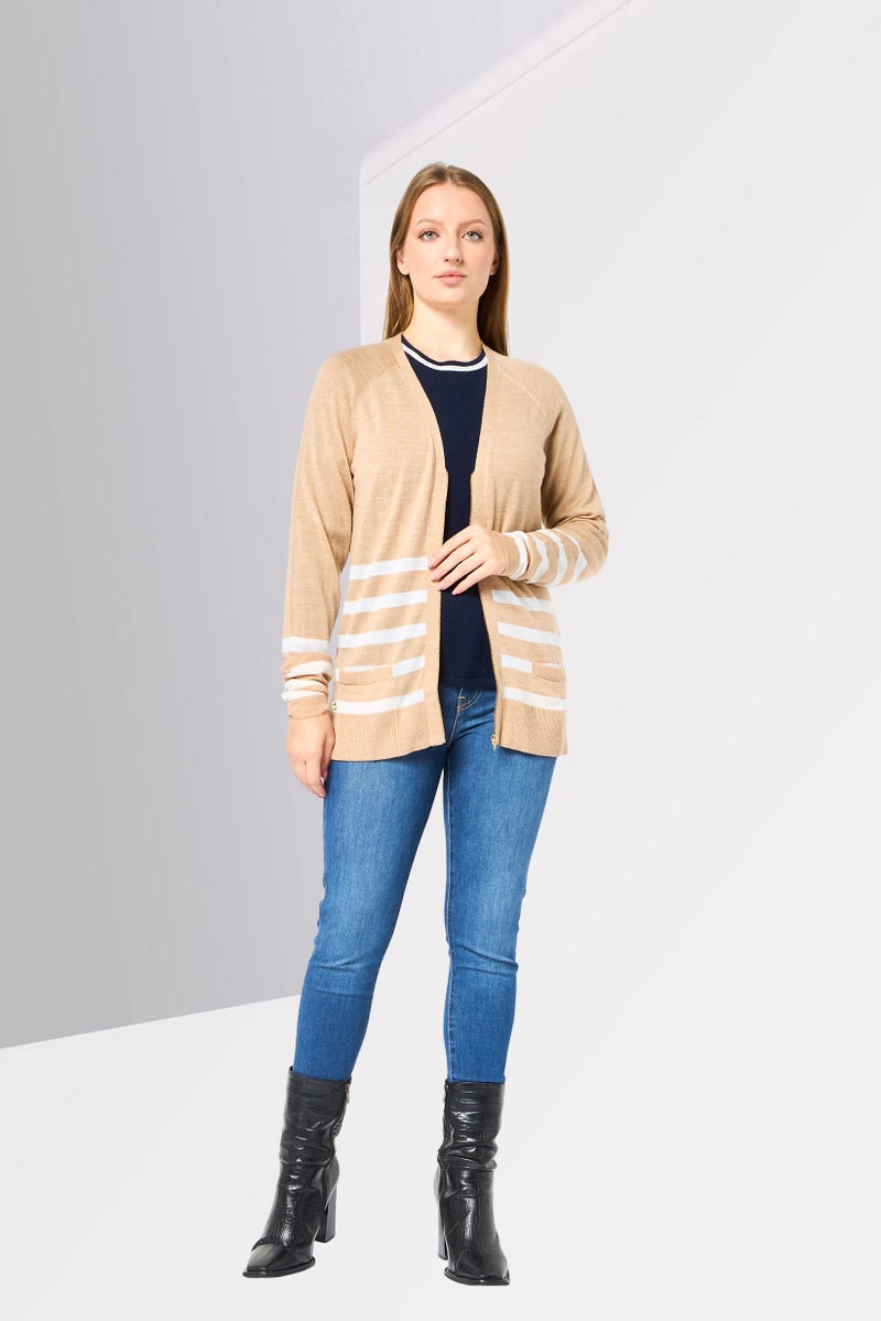 LACOSTE Women V-Neck Stripe Cardigan, Tan - Image 2