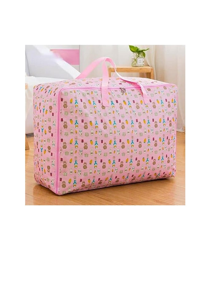 Large portable waterproof storage bag with zippers, made of thick, durable Oxford fabric. An organized bag ideal for travel, comforters, and blankets, in large size 70 × 50 × 30 cm (pink with a rabbit design). - Image 1
