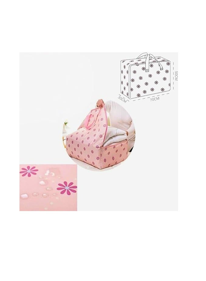 Large portable waterproof storage bag with zippers, made of thick, durable Oxford fabric. An organized bag ideal for travel, comforters, and blankets, in large size 70 × 50 × 30 cm (pink with a rabbit design). - Image 2