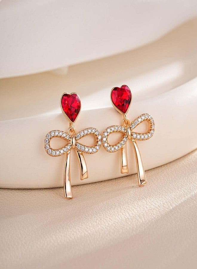 EVEVIC Austrian Crystal Heart Ribbon Bow Dangle Drop Earrings for Women 14K Gold Plated Hypoallergenic Jewelry (Red) - Image 3