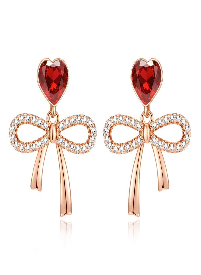 EVEVIC Austrian Crystal Heart Ribbon Bow Dangle Drop Earrings for Women 14K Gold Plated Hypoallergenic Jewelry (Red) - Image 1