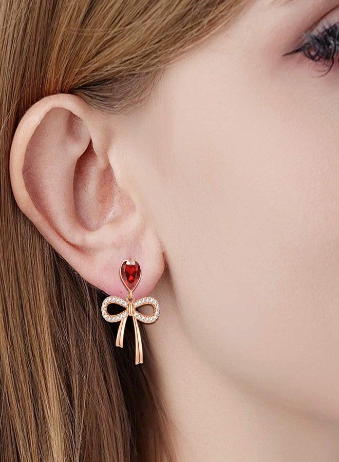 EVEVIC Austrian Crystal Heart Ribbon Bow Dangle Drop Earrings for Women 14K Gold Plated Hypoallergenic Jewelry (Red) - Image 4