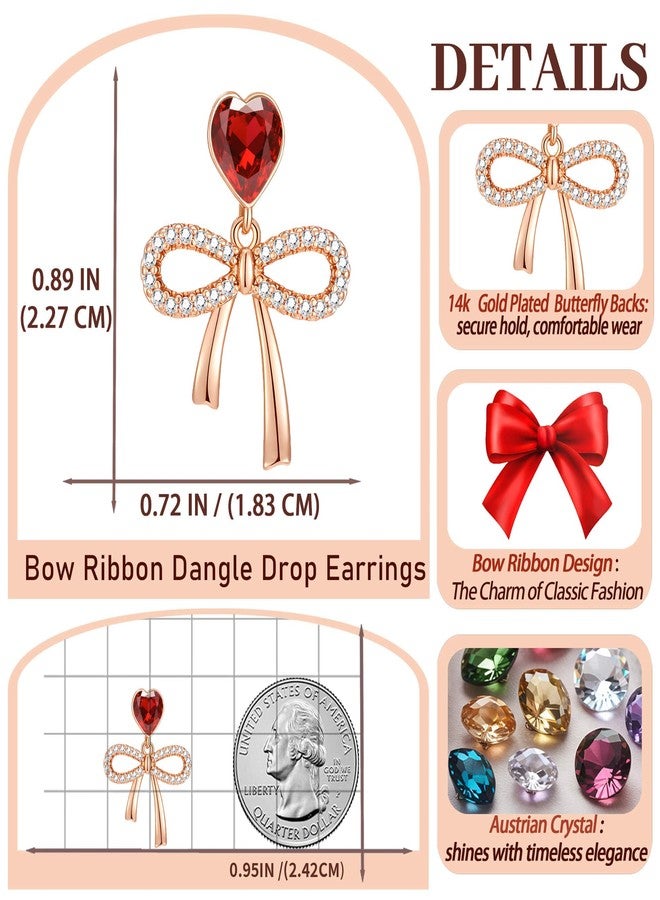 EVEVIC Austrian Crystal Heart Ribbon Bow Dangle Drop Earrings for Women 14K Gold Plated Hypoallergenic Jewelry (Red) - Image 5