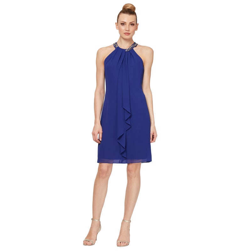 S.L. Fashions Women's Jewel Halter Neckline Cocktail, Wedding Guest, Perfect Party Dress (Petite and Regular Sizes), Iris, 14 US - Image 5