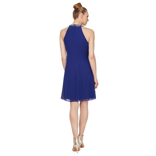 S.L. Fashions Women's Jewel Halter Neckline Cocktail, Wedding Guest, Perfect Party Dress (Petite and Regular Sizes), Iris, 14 US - Image 2