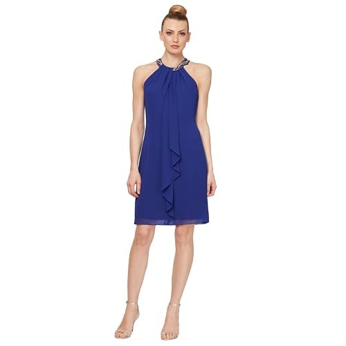 S.L. Fashions Women's Jewel Halter Neckline Cocktail, Wedding Guest, Perfect Party Dress (Petite and Regular Sizes), Iris, 14 US - Image 1