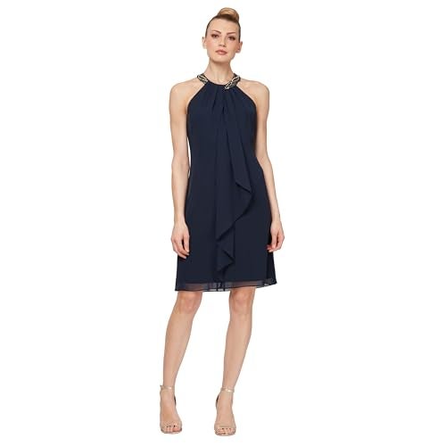 S.L. Fashions Women's Jewel Halter Neckline Cocktail, Wedding Guest, Perfect Party Dress (Petite and Regular Sizes), Iris, 14 US - Image 3