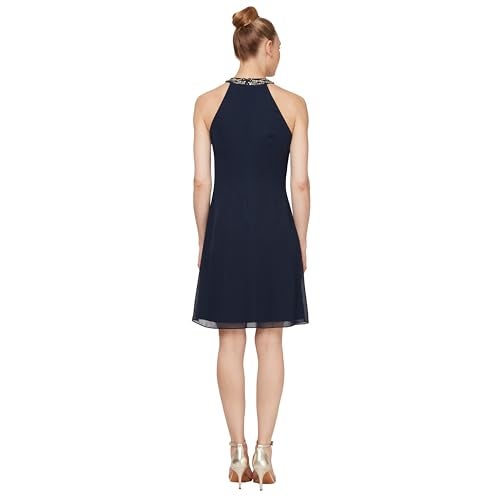 S.L. Fashions Women's Jewel Halter Neckline Cocktail, Wedding Guest, Perfect Party Dress (Petite and Regular Sizes), Iris, 14 US - Image 4