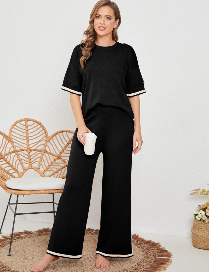 Tanming Sweater Sets Women 2 Piece Lounge Sets Short Sleeve Knit Pullover Tops Wide Leg Pants (Black, X-Small) - Image 5