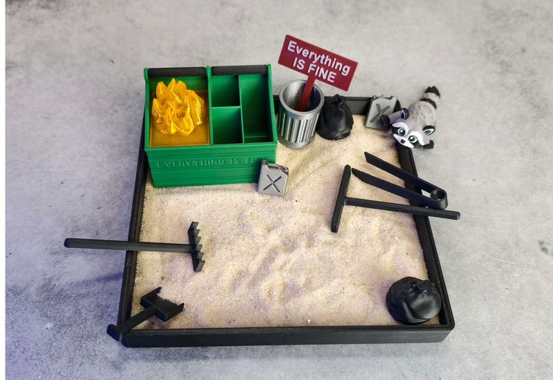 Munnygrubbers - Dumpster Fire Zen Garden - Made in USA - Large 7" x 7" - Fine Sand Included - Desk Accessory Box Garden - Funny Novelty Gift - Fidget Stress Relief - Image 2