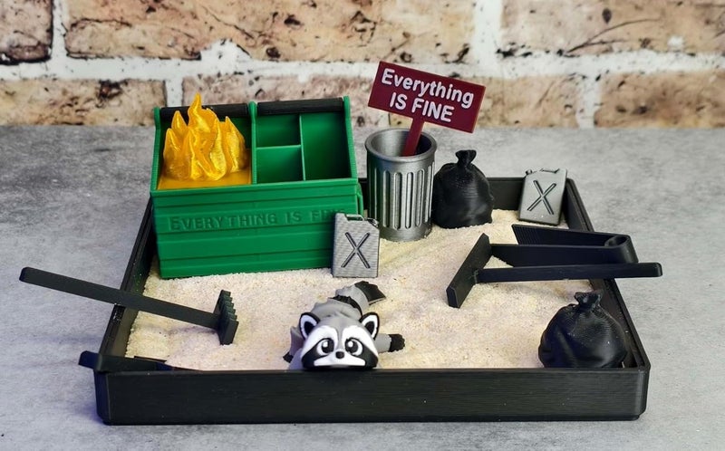 Munnygrubbers - Dumpster Fire Zen Garden - Made in USA - Large 7" x 7" - Fine Sand Included - Desk Accessory Box Garden - Funny Novelty Gift - Fidget Stress Relief - Image 1