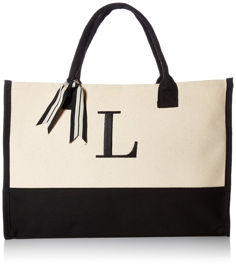 Mud Pie Classic Black and White Initial Canvas Tote Bags (L), 100% Cotton, 17" x 19" x 2" - Image 1