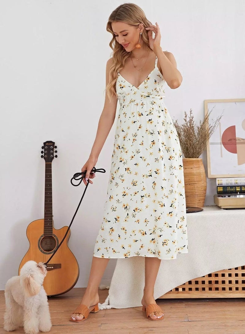 Maternity Ditsy Floral Crisscross Back Bustier Slip Dress - Image 1