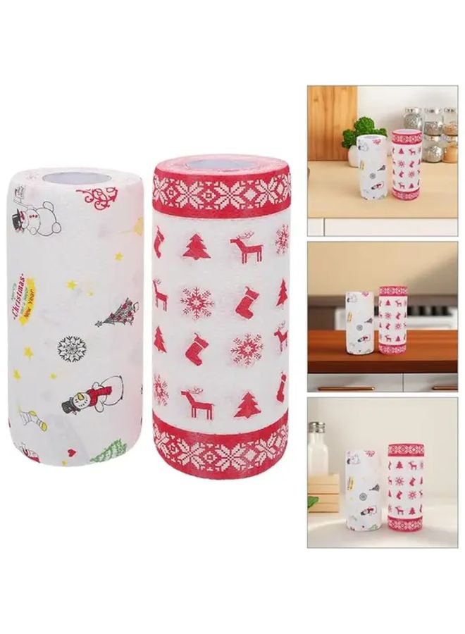 1 Roll Red Christmas Disposable Kitchen Cleaning Paper Holiday Themed with Santa Reindeer Snowmen Wet Dry Use Continuous Roll for Parties Dinner Table Setting Decorative Napkin Like Sheets No Residue Bulk Pack - Image 1