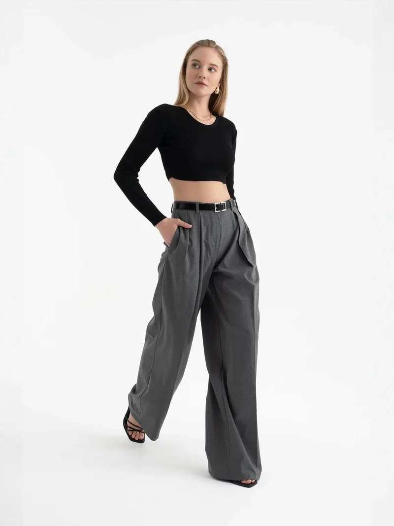 HICCUP Round Neck Knitted Ribbed Long Sleeve Crop Top