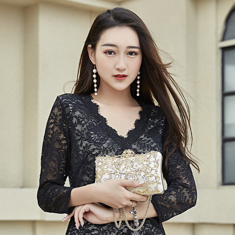 Explosions 2024 Fashion Diamond-Encrusted Dress Evening Bag Clip Bag Shoulder Slung Chain Small Bag - Image 3